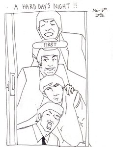 Ink line drawing of the four Beatles stacked one above another in a narrow doorway, mugging, under the hand-lettered title.
