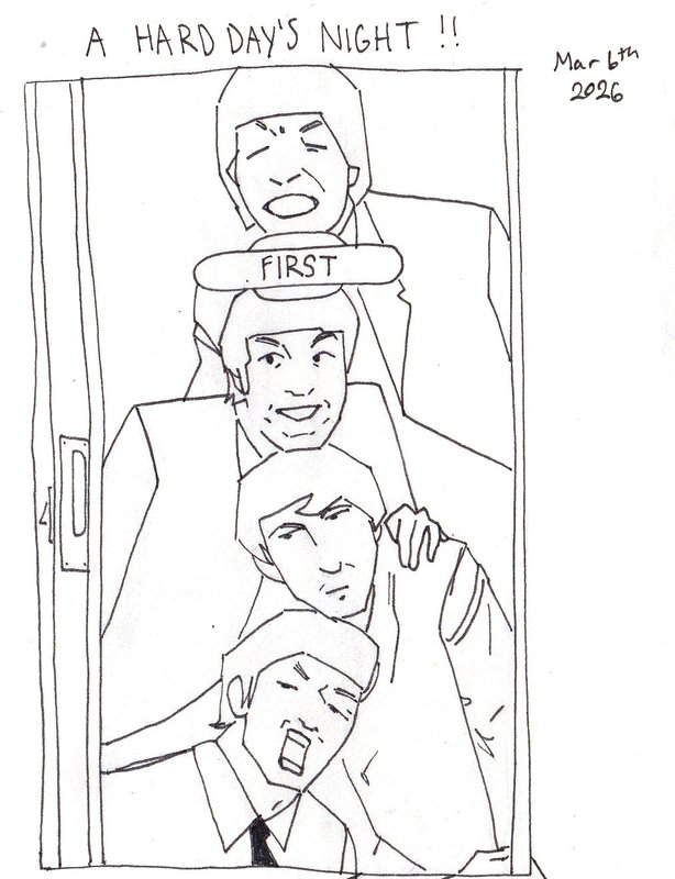 Ink line drawing of the four Beatles stacked one above another in a narrow doorway, mugging, under the hand-lettered title.