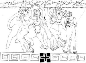 Ink line frieze of four robed, ivy-wreathed revelers dancing with tambourine, wine jug and double pipes beside a panther, under a grapevine border.