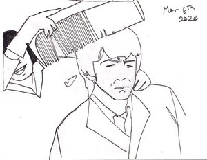 Ink line drawing of a grimacing mop-topped young man in a suit, eyes shut, as a hand pulls an oversized comb through his hair.