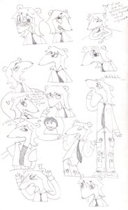 Graphite sketchbook page of an original rat-like cartoon character in shirt and tie, drawn over and over with different expressions.