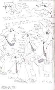 Graphite sketchbook page of rat-like cartoon characters in ties and patched trousers, one slouched in a chair, amid handwritten Pink Floyd lyrics.