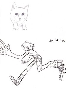 Graphite sketch of a cat walking toward the viewer above an ink drawing of a girl with a bow lunging to reach a large hand from the left edge.