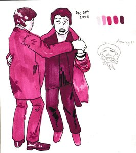 Marker drawing in pinks and magentas of two young men in 1960s suits dancing together, one laughing, with color swatches and a small pencil doodle.