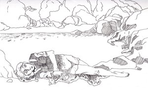 Pen-and-ink drawing of a young man's body lying on a rocky shore, eyes open and arms folded, with the sea and boulders behind him.