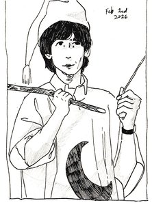 Ink drawing of George Harrison in a tasseled nightcap and a tunic marked with a large crescent moon, holding a stick and a thin rod.