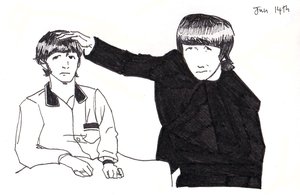 Ink drawing of two mop-topped Beatles: one sits glumly at a table while the other, in a black jacket, leans in with a hand on his head.