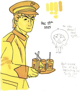 Yellow and ochre marker drawing of George Harrison in a peaked cap and uniform jacket holding a tray of drink cans, with swatches and notes.