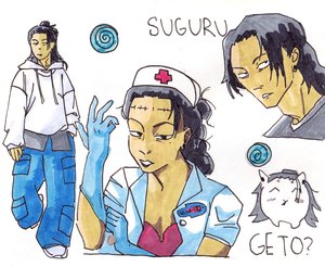 Character sheet of Suguru Geto with long black hair: in a white hoodie and cargo pants, dressed as a nurse, looking down, and as a tiny cartoon.
