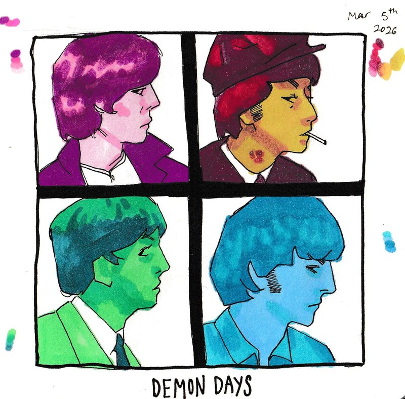 Four-panel marker drawing after the Gorillaz album cover: four mop-topped young men in profile, each in its own colors, lettered DEMON DAYS.