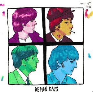 Four-panel marker drawing after the Gorillaz album cover: four mop-topped young men in profile, each in its own colors, lettered DEMON DAYS.