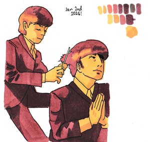 Two mop-topped young men in 1960s suits in warm yellows and pinks, one trimming the other's hair as the seated one looks up, palms pressed together.
