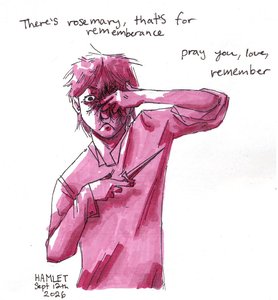 Magenta drawing of a tousle-haired young man covering one eye with his fingers and holding a dagger to his chest, handwritten lines beside him.