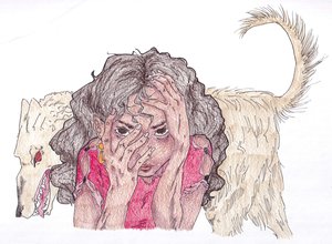 Colored drawing of a dark-haired woman in pink staring out between her fingers as a pale, red-eyed dog with bared teeth curls around her.