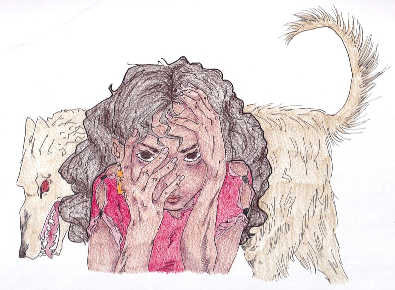 Colored drawing of a dark-haired woman in pink staring out between her fingers as a pale, red-eyed dog with bared teeth curls around her.