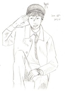 Pencil drawing of a seated young man in a cap, jacket and tie, saluting, his other hand resting on his raised knee.