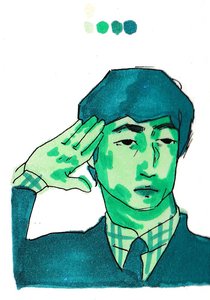 Bust portrait of John Lennon saluting at his brow in a dark jacket, tie and checked shirt, colored entirely in greens and teals.