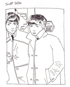 Ink line drawing in a ruled frame of two young men in coats standing in a doorway, in front of a fire precaution sign.