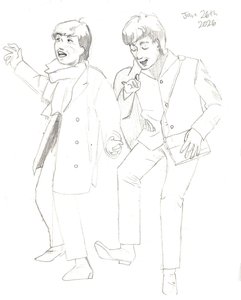Light pencil drawing of two young men walking and singing mid-stride, one in a long coat and scarf with an arm flung out.