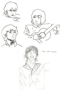 Study sheet of one young man: three ink head studies, one with an acoustic guitar, and a shaded pencil half-figure with eyes closed, mouth open.