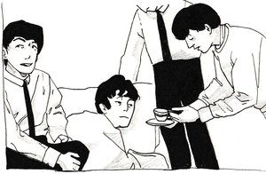 Ink scene of a sullen young man lying on a couch while another bends over him offering a cup of tea, as a third man sits at left.
