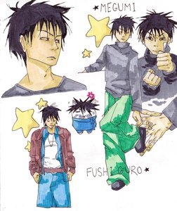 Character sheet of Megumi Fushiguro with spiky black hair: scowling, kicking toward the viewer, holding out a fist, and as a tiny cartoon.