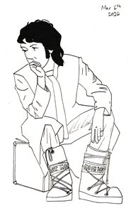 Ink line drawing of a man with a dark shag haircut sitting on a box, chin on his hand, wearing big laced Moon Boot snow boots.