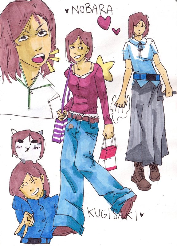 Character sheet of Nobara Kugisaki with a reddish-brown bob: shouting, carrying shopping bags, holding a hammer, pointing, and as a tiny cartoon.