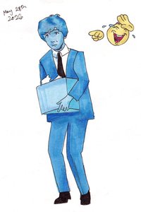 Full-length drawing of a worried Paul McCartney in a blue suit carrying a large box, mocked by a laughing emoji with a pointing hand.
