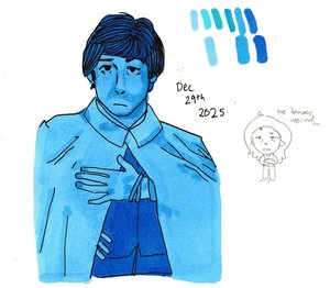Paul McCartney in a light-blue shirt, hand on his chest and holding a shopping bag, colored all in blues, with swatches and a small pencil sketch.