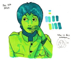 Paul McCartney with a moptop, fingers at his lips and eyes glancing sideways, in a high-collared jacket, colored in lime and teal greens.