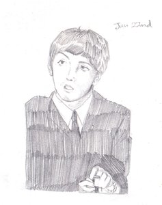 Pencil portrait of a young Paul McCartney with a moptop, looking off to the side in a striped sweater, shirt and tie, hands clasped below.