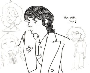Ink line drawing of Paul McCartney in profile with long hatched hair, chin tucked into his collar, flanked by small pencil sketches.