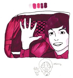 Paul McCartney smiling and pressing his hand to a car window, colored in magenta and crimson, with color swatches and a small pencil sketch.