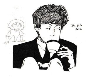Ink drawing of Paul McCartney with heavily hatched dark hair, sipping from a teacup and glancing sideways, in a black jacket and white shirt.