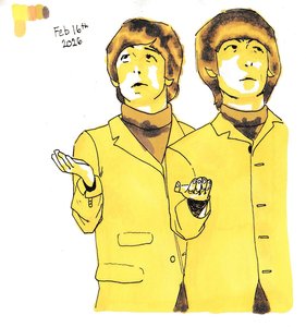 Two young men in turtlenecks and jackets in yellows and browns, looking upward, one holding up an open palm as if checking for rain.