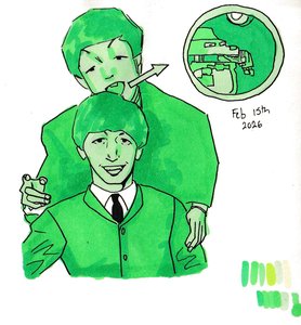 Two young men in green suits, one smiling, the other leaning over his shoulder with something in his mouth, and a round close-up inset.