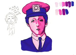 Marker drawing of Paul McCartney in a peaked cap, shirt and tie, his face half pale pink, half hot pink, in neon pinks, purples and deep blue.