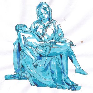 Drawing after Michelangelo's Pietà, Mary holding the dead Christ across her lap, colored entirely in turquoise and blue like glass or water.