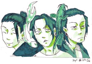 Three busts of Suguru Geto in greens on cream paper, smiling with his hair in a bun, tired, and frowning, with two koi curving between them.
