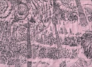Black thread embroidery on pink fabric of dense spirals, swirling hills and ringed towers, with a face in profile and rising hair at lower right.