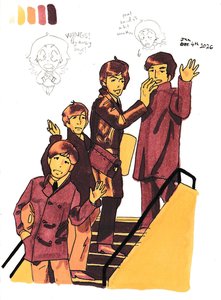 The four Beatles waving from aircraft steps in 1960s coats and suits, colored in yellow, orange, rose and maroon, with palette swatches above.