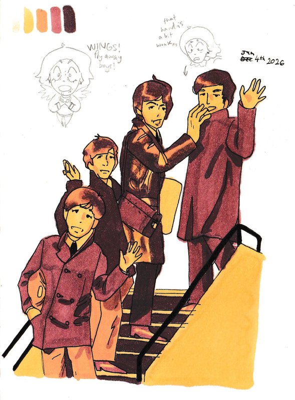 The four Beatles waving from aircraft steps in 1960s coats and suits, colored in yellow, orange, rose and maroon, with palette swatches above.