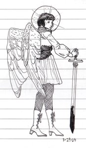 Ink drawing on lined notebook paper of a winged, haloed angel in a corset, skirt, fishnets and lace-up boots, leaning on a long sword.