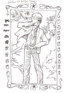 Pen-and-ink drawing of a young man in a suit covering one eye and holding an apple before apple blossoms, in a frame of an apple eaten to the core.