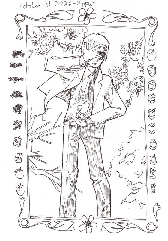 Pen-and-ink drawing of a young man in a suit covering one eye and holding an apple before apple blossoms, in a frame of an apple eaten to the core.