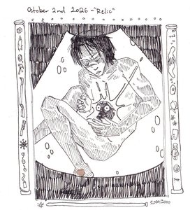 Pen-and-ink drawing of a nude young man curled asleep in a bubble-filled glass vessel, a small fuzzy creature at his belly, framed by tiny icons.
