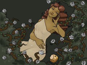 Digital painting of an auburn-haired woman in a cream slip dress reclining among thorny vines and white roses, a bitten golden apple at her feet.